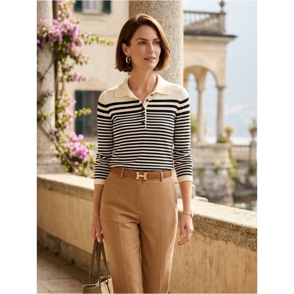 TALBOTS Navy Cream Striped Long Sleeve Polo Knit Sweater S French Girl Preppy